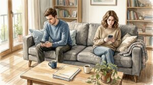Couple sitting on the cauch arguing about betrayal