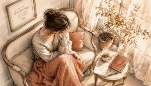 Watercolor-woman-in-distress-on-sofa.