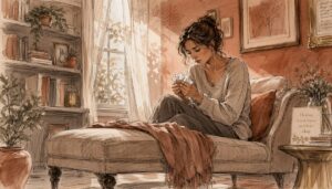 Woman-in-soft-pastel-room-reflecting-sadness